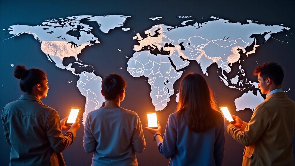 A diverse group of people using their mobile phones, connected by glowing lines, symbolizing global connectivity and ease of communication.