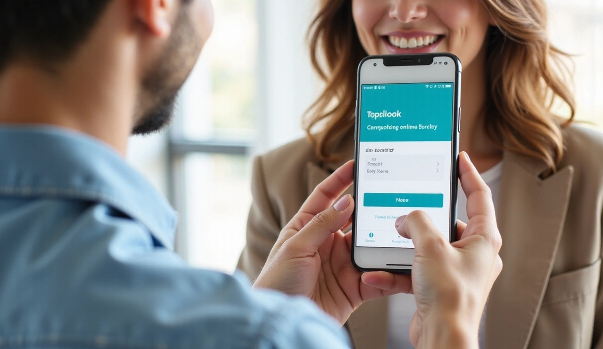 A person topping up their mobile phone credit online, showing a smartphone with a payment interface and a happy expression.