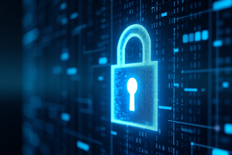 Digital security lock icon with abstract data streams in the background